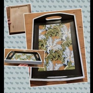 Handpainted wood tray vtg textile design original art Upcycled